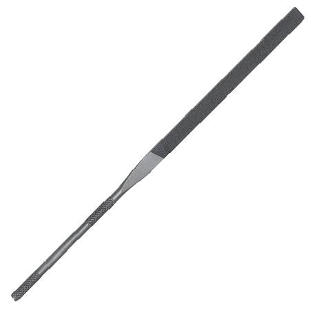 Grobet USA® Equalling 16cm Cut 0 Swiss Pattern Needle File with a slim, pointed tip and a knurled handle.