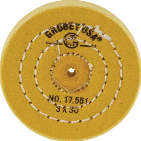 Yellow colored muslin buffing wheel with 3R center hole
