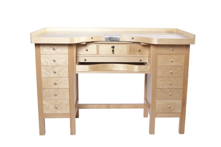 Professional 15 drawer MasterCraft jewelers bench with GRS®-ready countertop, aluminum catch trays, pull-out arm rests, and extensive storage drawers for jewelry making workspace