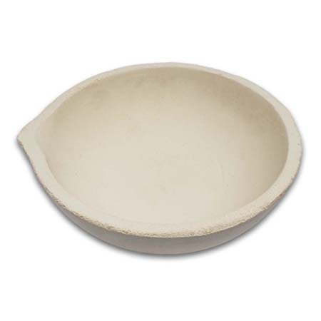Melting dish is made of clay bonded fused silica and is used for melting precious metals, and can hold 900 grams for temperatures up to 2500 F. This melting dish has a pouring lip.