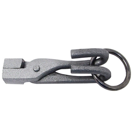 Heavy-duty manual drawbench tong gripping a metal rod in a workshop setting.