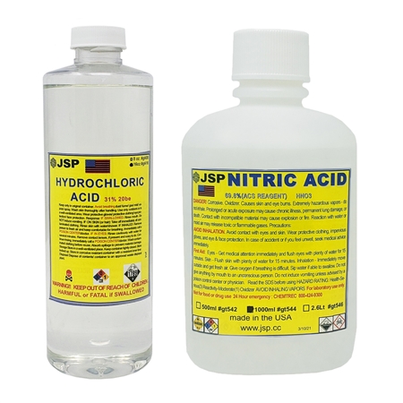 JSP® Aqua Regia Gold Refining Kit: 32 oz. Nitric Acid (69.8%) & 16 oz. Hydrochloric Acid (31%)